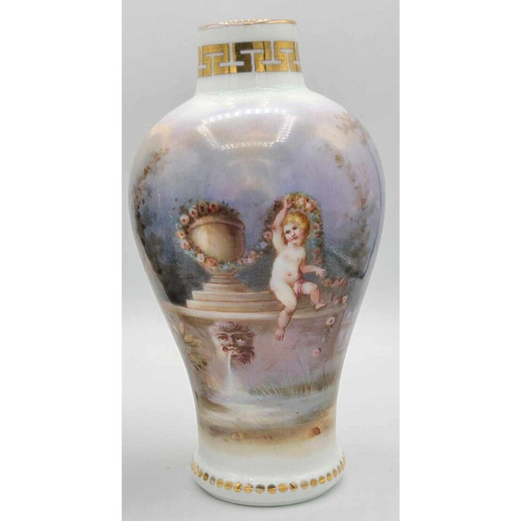 Antique Dresden Hand-Painted Pair of 7 1/4"H Vases. Work of Art. - Picture 15 of 16